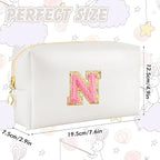 Initial Makeup Bag Personalized Preppy Travel Small Cosmetic Bag Cute PU White Chenille Letter Makeup Pouch for Purse Waterproof Zippered Toiletry Organizer for Women Girl Kid Friends(N)