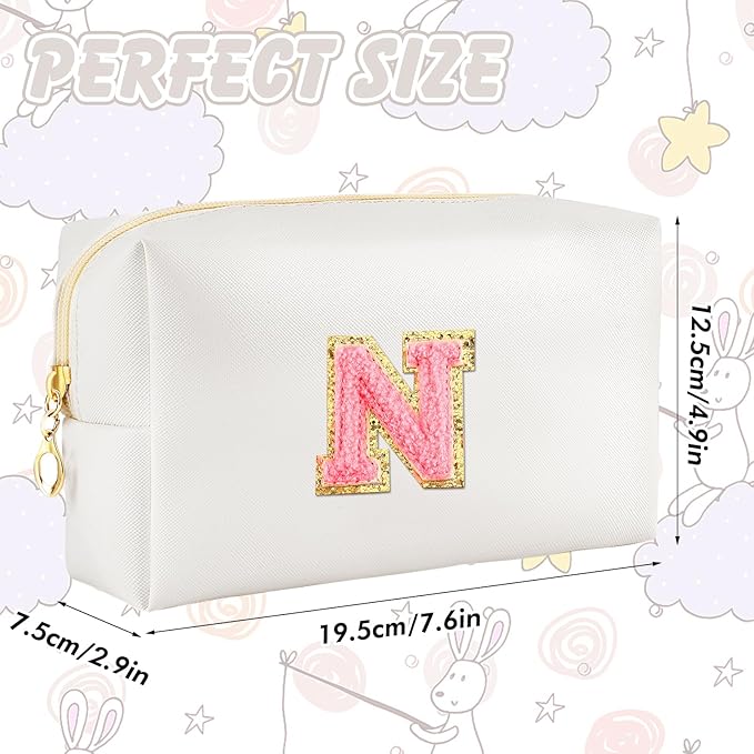 Initial Makeup Bag Personalized Preppy Travel Small Cosmetic Bag Cute PU White Chenille Letter Makeup Pouch for Purse Waterproof Zippered Toiletry Organizer for Women Girl Kid Friends(N)