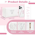 Bride Gifts – Personalized Initial Makeup Bag with Pearl Rhinestone Patch, Preppy White Monogram Cosmetic/Toiletry Pouch, bridesmaid Gifts, Bridal Shower Gifts, Wedding Gifts, Bridal Gifts,V
