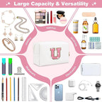 Small Initial Patch Makeup Bag Personalized Gifts Make Up Bag,White Cute PU Leather Glitter Letter Cosmetic Bag with Zipper,Trendy Portable Travel Toiletry Pouch,Preppy Stuff for Teen Girls Women U