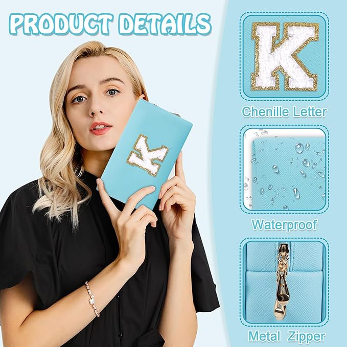 Personalized Small Preppy Makeup Bag, Chenille Letter Blue Initial Cosmetic Zipper Pouch Travel Toiletry Organizer, Waterproof PU Leather Make Up Case Travel Essentials for Women Friendship(Letter K)