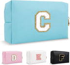 Personalized Initial Preppy Makeup Bag, Small Blue Cute Toiletry Pouch Monogram Cosmetic Travel Organizer with Zipper, PU Waterproof Glitter Make Up Case Gifts for Female Coworker Friends(Letter C)