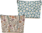 2pcs Vintage Floral Makeup Bag, Daisy Flower Cosmetic Bag Garden Gifts for Women Female Girls Sister BFF Nature Lover, Travel Zipper Pouch Christmas Thanksgiving Birthday Gifts