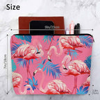 Flamingo Makeup Bag For Women, Adorable Cosmetic Pouch With Tropical Leaves Palms Pattern, Pink Zipper Travel Toiletry Organizer For Gym and Bathroom