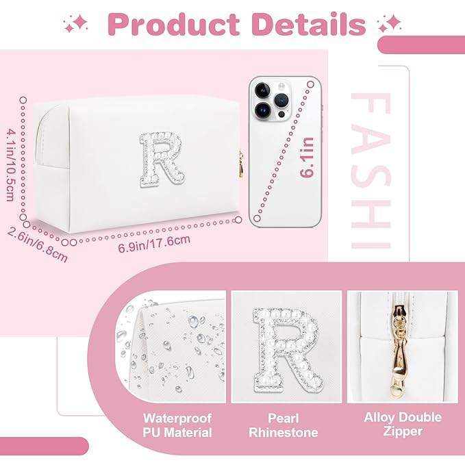 Bride Gifts – Personalized Initial Makeup Bag with Pearl Rhinestone Patch, Preppy White Monogram Cosmetic/Toiletry Pouch, bridesmaid Gifts, Bridal Shower Gifts, Wedding Gifts, Bridal Gifts,R