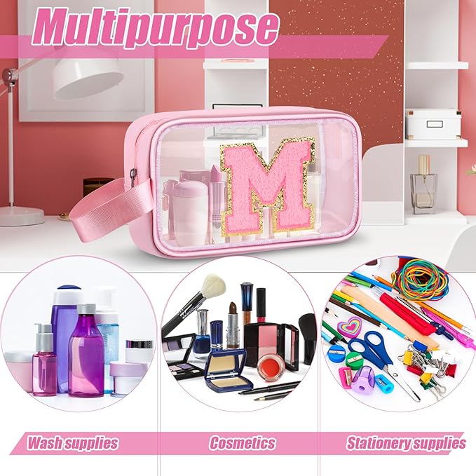 Initial Makeup Bag,Letter M Cute Clear Monogrammed Cosmetic Travel Bag for Womens Girls,Personalized Pink Aesthetic Traveling Make Up Organizer Bag for Beach,Waterproof Toiletry Bag