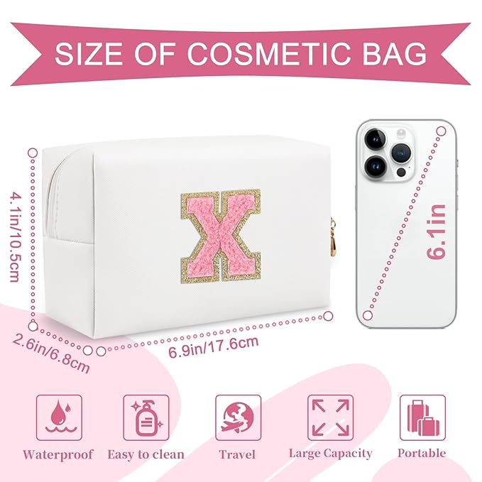 Personalized Makeup Bag Initial A-Z Preppy Patch Bag,Small PU Leather Travel Cosmetic Bag Pouch with Zipper,White Cute Toiletry Bag,Gift Ideal for Teen Girls Women Birthday Friend Mom,Letter X