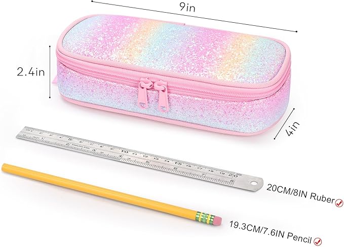 mibasies Girls Pencil Case for Kids, Multi-Slot Pencil Pouch, Twill Pink Blue