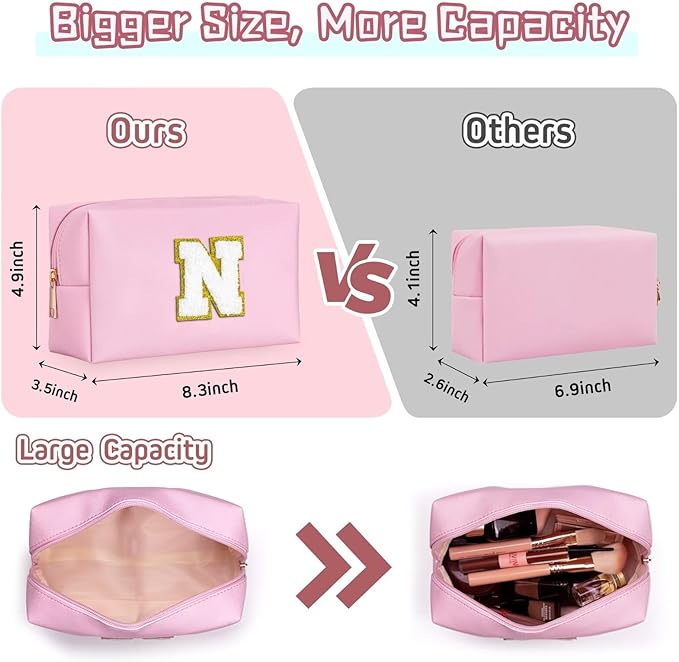 TOPEAST Preppy Makeup Bag, Small Cosmetic Travel Bags for Women, PU Leather Waterproof Toiletry Bag with Zipper, Personalized Birthday Gift for Women Girl, Preppy Gifts for Girl (Pink F)