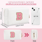 Personalized Initial Travel Preppy Makeup Bag, Small Cute White Cosmetic Pouch Monogram Toiletry Zipper Pouch, Waterproof PU Glitter Make Up Bags Storage Birthday Bridal Shower Women Gift (Letter B)