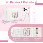 Small Initial Patch Makeup Bag Personalized Gifts Make Up Bag,White Cute PU Leather Glitter Letter Cosmetic Bag with Zipper,Trendy Portable Travel Toiletry Pouch,Preppy Stuff for Teen Girls Women N