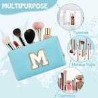 Small Travel Initial Preppy Makeup Bag, Personalized Cute Blue Cosmetic Organizer Chenille Letter Travel Toiltery Zipper Pouch, Waterproof PU Make Up Case Storage Mothers Day Gifts for Mom(Letter M)