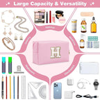 Small Personalized Initial A-Z Patch Makeup Bag,Pink Cute PU Leather Glitter Letter Cosmetic Bag for Teen Girls,Travel Toiletry Bag with Zipper,Preppy Monogrammed Birthday Gift for Daughter Niece H