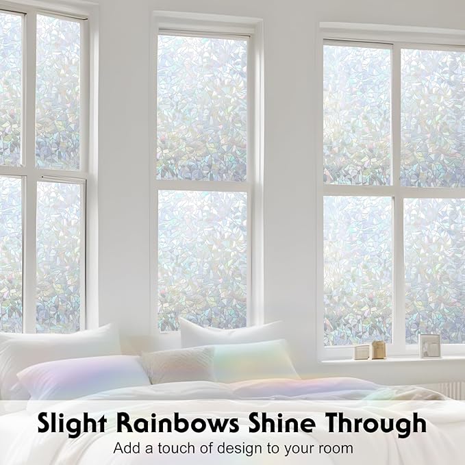Volcanics Rainbow Window Privacy Film with Installation Tools, Decorative Stained Glass Window Film, Static Cling Heat Control Window Tinting Film Stickers, Grayish Silver, 23.6 x 78.7 inches