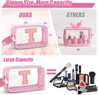 Initial Makeup Bag,Letter T Cute Clear Monogrammed Cosmetic Travel Bag for Womens Girls,Personalized Pink Aesthetic Traveling Make Up Organizer Bag for Beach,Waterproof Toiletry Bag