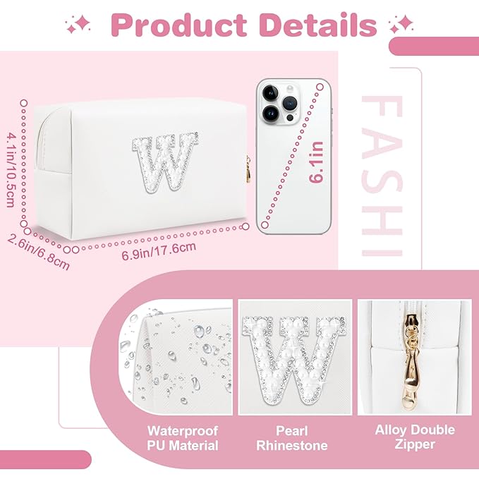 Bride Gifts – Personalized Initial Makeup Bag with Pearl Rhinestone Patch, Preppy White Monogram Cosmetic/Toiletry Pouch, bridesmaid Gifts, Bridal Shower Gifts, Wedding Gifts, Bridal Gifts,W