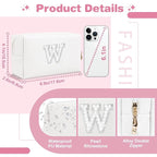 Bride Gifts – Personalized Initial Makeup Bag with Pearl Rhinestone Patch, Preppy White Monogram Cosmetic/Toiletry Pouch, bridesmaid Gifts, Bridal Shower Gifts, Wedding Gifts, Bridal Gifts,W