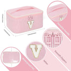 OCHEAL Makeup Bag for Women, Monogram Cosmetic Bag with Brush Holder, Pink Travel Makeup Case Beauty Toiletry Bag Organizer Personalized Gifts for Girls Bridesmaid, Sister, Wife, Friends Initial V