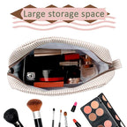 GFU Cosmetic Bags for Women, Seersucker Cosmetic Bag, Travel Toiletry Stripe Makeup Bag, Large Women Aesthetic Organizer Storage Pouch, Girls Handbags Purses, brown