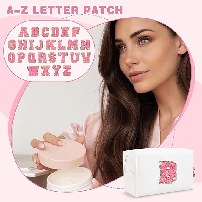 Small Personalized Initial A-Z Patch Makeup Bag,White Cute PU Leather Glitter Letter Cosmetic Bag for Teen Girls,Travel Toiletry Bag with Zipper,Preppy Monogrammed Birthday Gift for Daughter Niece B