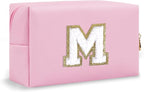 Small Travel Initial Preppy Makeup Bag, Personalized Pink Cute Cosmetic Organizer Chenille Letter Travel Toiltery Zipper Pouch, Waterproof PU Leather Make Up Case Mothers Day Gifts for Mom(Letter M)