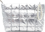Puffer Quilted Makeup Bag Travel Cosmetic Bag Portable Puffy Checkered Toiletry Pouch Skincare Organizer Purse Pencil Case (Silver)