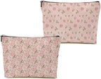 2pcs Pink Vintage Roses Floral Makeup Bag, Pink Coquette Roses Flower Cosmetic Bag Rose Gifts for Women Female Girls Sister BFF Nature Lover, Travel Zipper Pouch Christmas Thanksgiving Birthday Gifts