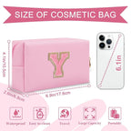 Personalized Initial A-Z Preppy Patch Makeup Bag,Small PU Leather Chenille Letter Cosmetic Bag with Zipper for Teen Girls,Pink Cute Travel Toiletry Bag,Birthday Monogrammed Gift for Daughter,Letter Y