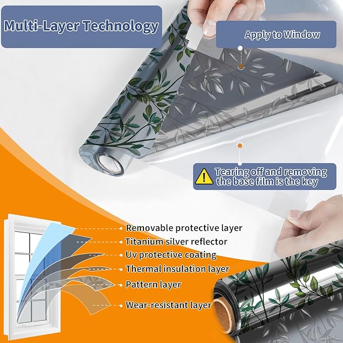 One Way Privacy Film, Window Tint for Home,Daytime Reflective, Anti UV Static Cling Sliding Door Coverings No Glue Garage Solar Paper (Silver-Leaves, 23.6 x 157.4 in)