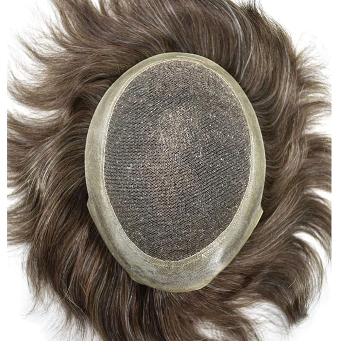 FACE MIRACLE Toupee for Men French Lace Hairpiece Human Hair Replacement System Skin PU Mens Toupee V-Looped Front Hair System 8"X10" #230 2# DARKEST BROWN WITH 30% SYNTHETIC GREY