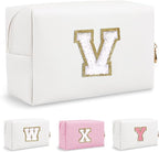 Personalized Initial Preppy Patch Makeup Bag, Travel Toiletry Zipper Pouch Cute White Cosmetic Organizer Small Makeup Bag for Purse, PU Chenill Letter Make Up Bags Gift for Friend Female(Letter V)