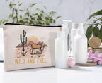 Wild and Free Cowgirl Cosmetic Bag, Wild West Retro Western Horse Cactus Desert Makeup Bag Zipper Cosmetic Pouch Bag Travel Linen Makeup Organizer, Cowgirl Gifts for Women Girls Teen Girls Her