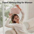 Makeup Bag for Woman, 180° Lay Flat Wide Open Makeup Bags, Large Fold out Washable Cosmetic Case, Quilted Puffy Toiletry Bags for Toiletries (Black)