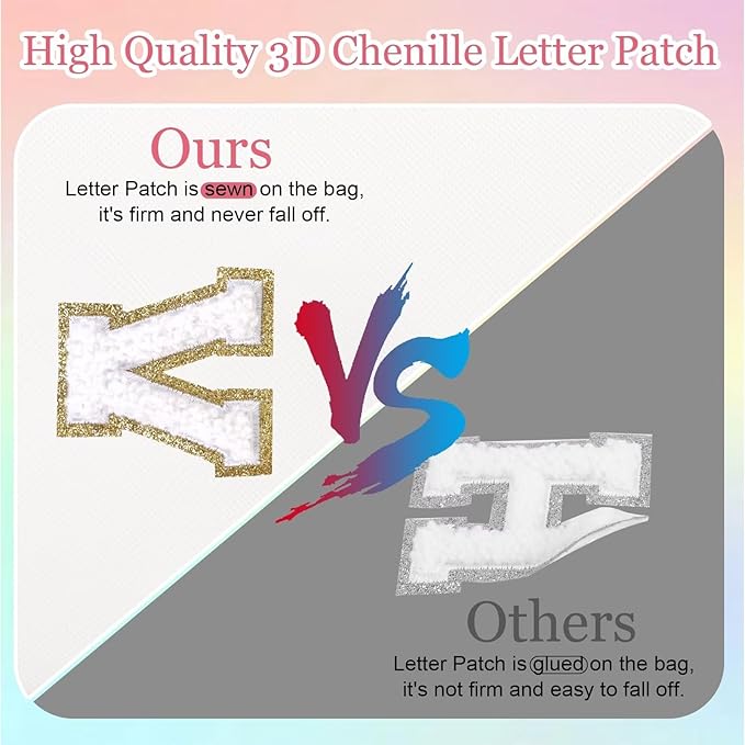 Small Personalized Letter Makeup Bag, Cute PU Leather Chenille Letters Cosmetic Bag Travel Makeup Pouch, Preppy Travel Organizer Zipper Pouch for Women&Girls（White-B）