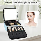 Travel Makeup Bag with LED Mirror Travel Makeup Organizer with 3 Lighted Settings, Adjustable Dividers and Makeup Brush Storage Bag Light Blue