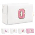 Small Initial Patch Makeup Bag Personalized Gifts Make Up Bag,White Cute PU Leather Glitter Letter Cosmetic Bag with Zipper,Trendy Portable Travel Toiletry Pouch,Preppy Stuff for Teen Girls Women O