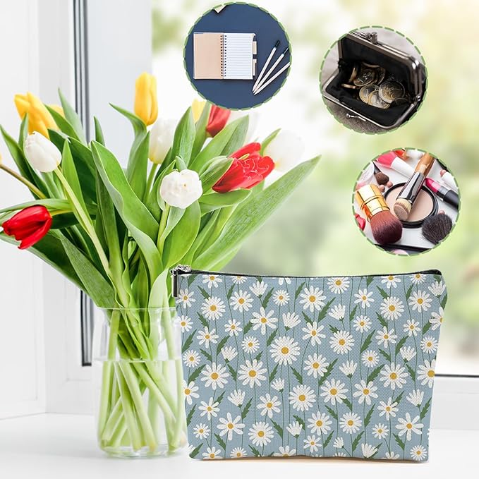 2pcs Vintage Floral Makeup Bag, Daisy Flower Cosmetic Bag Garden Gifts for Women Female Girls Sister BFF Nature Lover, Travel Zipper Pouch Christmas Thanksgiving Birthday Gifts