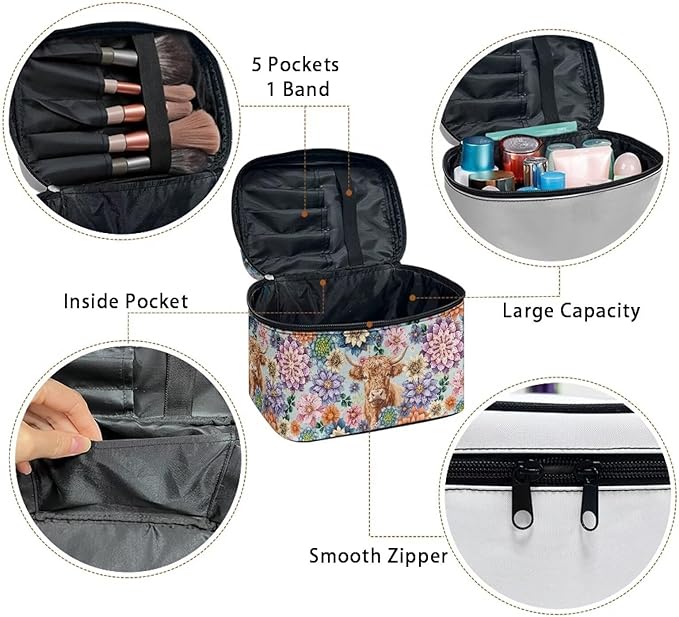 Boho Mandala Highland Cattle Pattern Travel Makeup Bags for Women Portable Tote Cosmetic Case with Carry Handle Toiletry Accessories Storage Organizer Bags