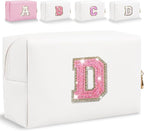 Glitter Initial Letter Makeup Bag, Small Personalized Sequins Letters PU Leather Cosmetic Bag Portable Waterproof Makeup Zipper Pouch, Shine Handbag Organizer Travel Bag Gifts for Women&Girls(White-D)