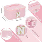 OCHEAL Makeup Bag for Women, Monogram Cosmetic Bag with Brush Holder, Pink Travel Makeup Case Beauty Toiletry Bag Organizer Personalized Gifts for Girls Bridesmaid, Sister, Wife, Friends Initiall N