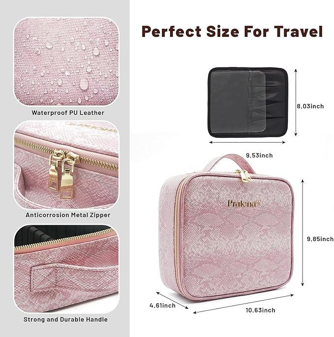 Travel Makeup Bag with LED Mirror – 3 Brightness Modes, Portable Lighted Makeup Case with Adjustable Dividers, Cosmetic Organizer Gift for Women (Pink)