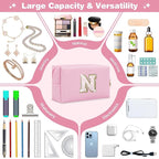 Small Personalized Initial A-Z Patch Makeup Bag,Pink Cute PU Leather Glitter Letter Cosmetic Bag for Teen Girls,Travel Toiletry Bag with Zipper,Preppy Monogrammed Birthday Gift for Daughter Niece N