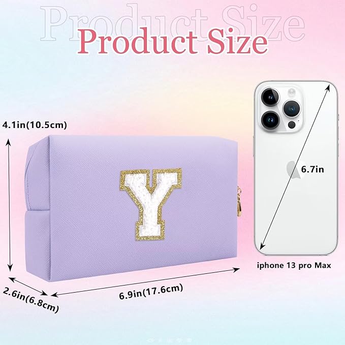 Small Personalized Letter Makeup Bag, Cute PU Leather Chenille Letters Cosmetic Bag Travel Makeup Pouch, Preppy Travel Organizer Zipper Pouch for Women&Girls（Purple-Y）