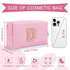Personalized Initial A-Z Preppy Patch Makeup Bag,Small PU Leather Chenille Letter Cosmetic Bag with Zipper for Teen Girls,Pink Cute Travel Toiletry Bag,Birthday Monogrammed Gift for Daughter,Letter D
