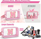 Initial Makeup Bag,Letter N Cute Clear Monogrammed Cosmetic Travel Bag for Womens Girls,Personalized Pink Aesthetic Traveling Make Up Organizer Bag for Beach,Waterproof Toiletry Bag