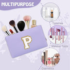 Personalized Initial Preppy Makeup Bag Organizer, Small Purple Cosmetic Bag Travel Toiletry Zipper Pouch for Purse, Portable Waterproof PU Monogram Make Up Case Party Gifts for Women Friends(Letter P)