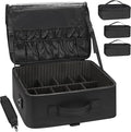 Relavel Large Makeup Bag with 3 Removable Pouches, Travel Train Case Cosmetic Organizer Carrying Box for Makeup Artists Hairstylist with Adjustable Dividers, Brush Holder and Shoulder Strap, Black