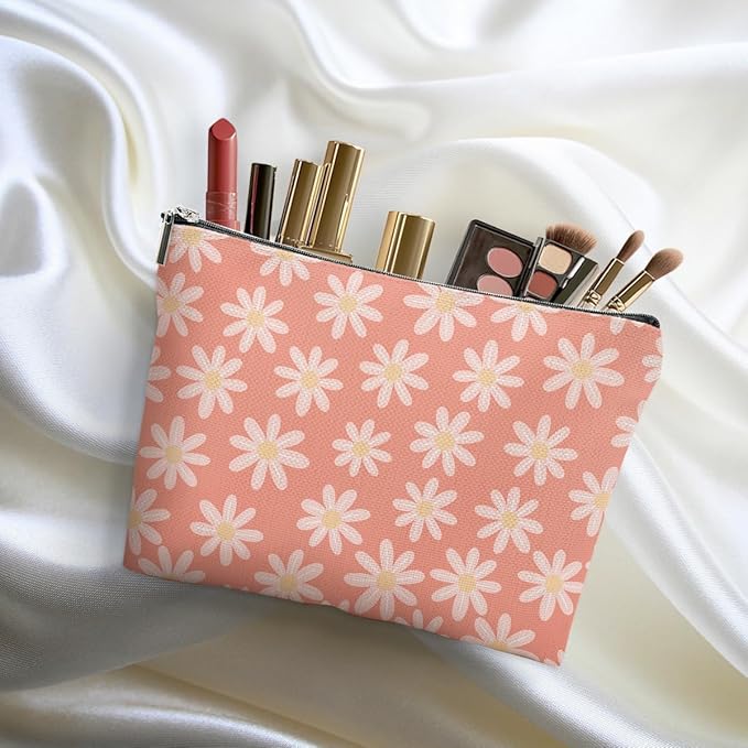 4pcs Secret Santa Gifts Vintage Floral Makeup Bag, Daisy Flower Cosmetic Bag Garden Gifts for Women Female Girls Sister BFF Nature Lover, Travel Zipper Pouch Christmas Thanksgiving Birthday Gifts