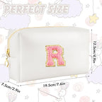 Initial Makeup Bag Personalized Preppy Travel Small Cosmetic Bag Cute PU White Chenille Letter Makeup Pouch for Purse Waterproof Zippered Toiletry Organizer for Women Girls Kids Friends (R)