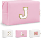 Personalized Preppy Small Travel Makeup Bag, Initial Chenille Letter Pink Makeup Bag Cosmetic Pouch Toiletry Organizer, PU Leather Waterproof Makeup Storage Cute Preppy Stuff for Female(Letter J)